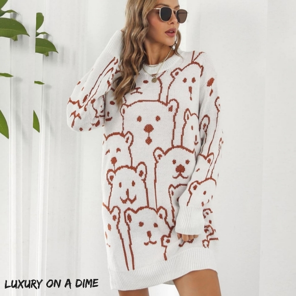 Dresses & Skirts - Polar Bear Round Neck Cozy Knit Long Sleeve Oversized Mini Sweater Dress White